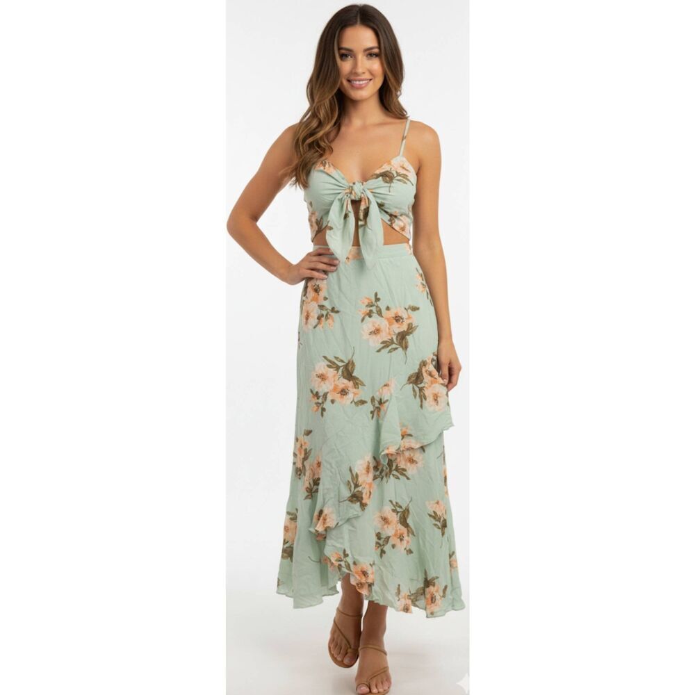 Flynn skye womens small spruce sage green dress open front midi floral romantic